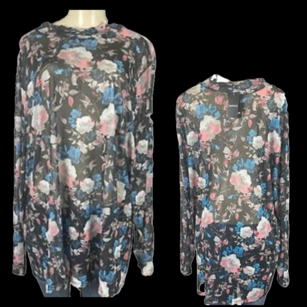 Torrid +6 Sheer Mesh Black Floral Mock Neckline Long Sleeve Pullover Blouse